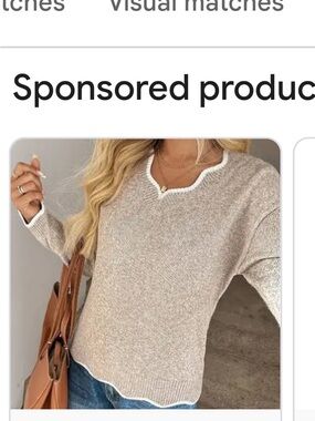 Cozy V-Neck Contrast-Trim Sweater in Beige